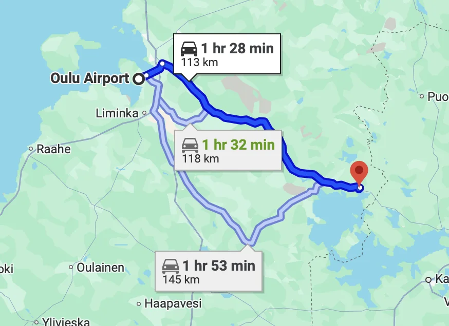 Villa Lehtoniemi Google maps reitti Oulun lentokentältä mökille