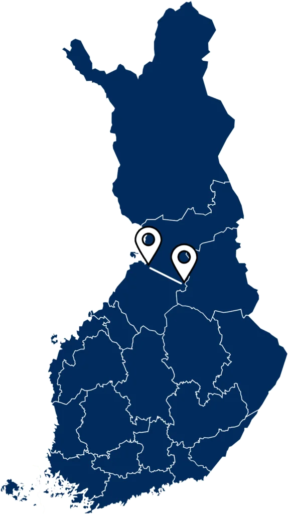 Suomen kartta, jossa kuvattuna reitti Oulusta mökille